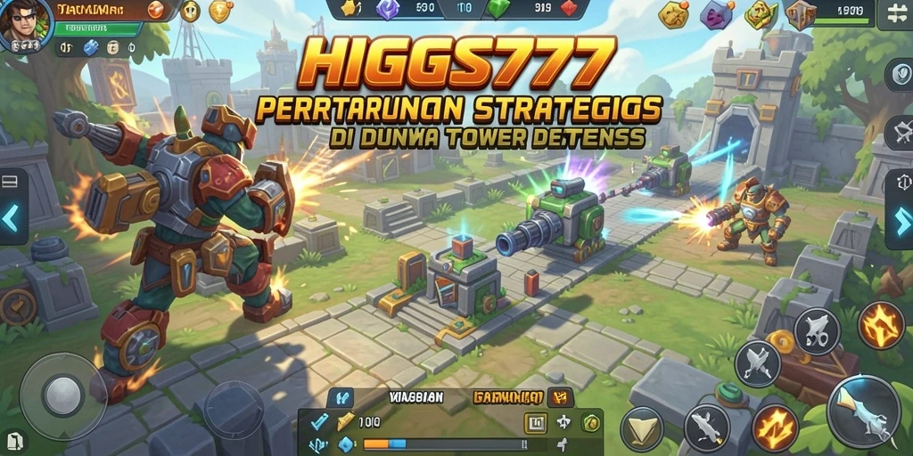 Tampilan dinamis bermain HIGGS777 dalam gaya Tower Defense.