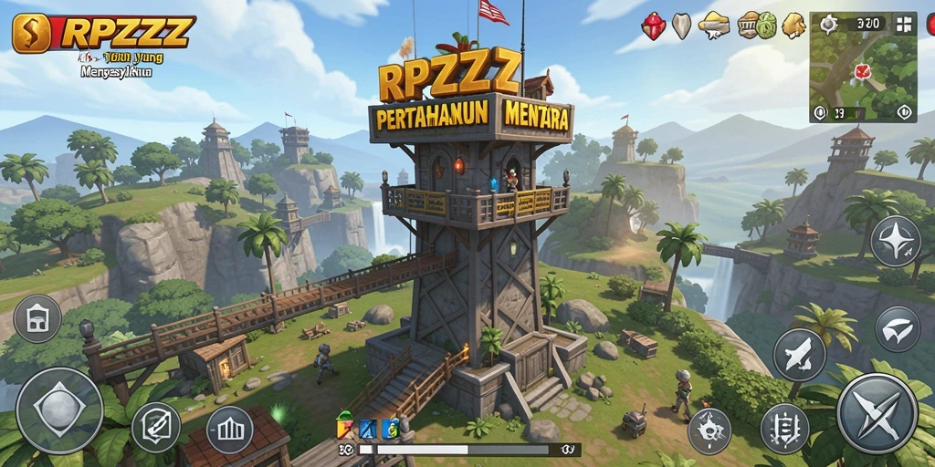 Tampilan menarik dari gameplay RPZZZ dengan aksi pertahanan menara.