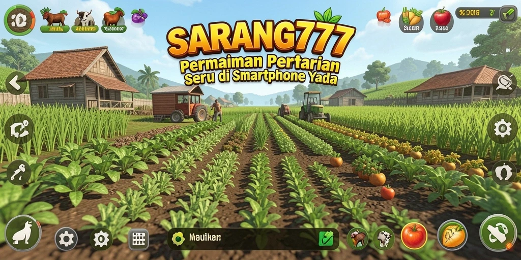 Screenshot gameplay SARANG777 menampilkan ladang yang subur dan hewan ternak.
