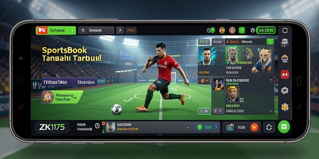 Screenshot utama ZK1177 menampilkan antarmuka taruhan Sportsbook yang menarik.
